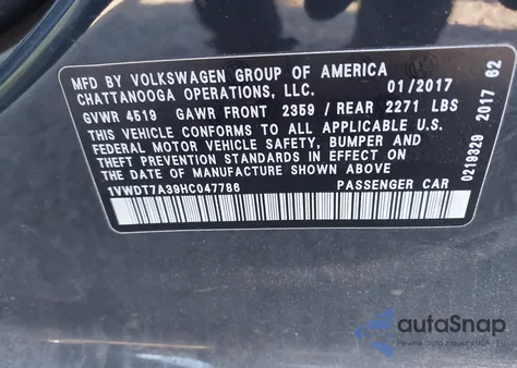 2017 Volkswagen Passat 1.8T R-Line z USA, uszkodzony, nr VIN 1VWDT7A39HC047786